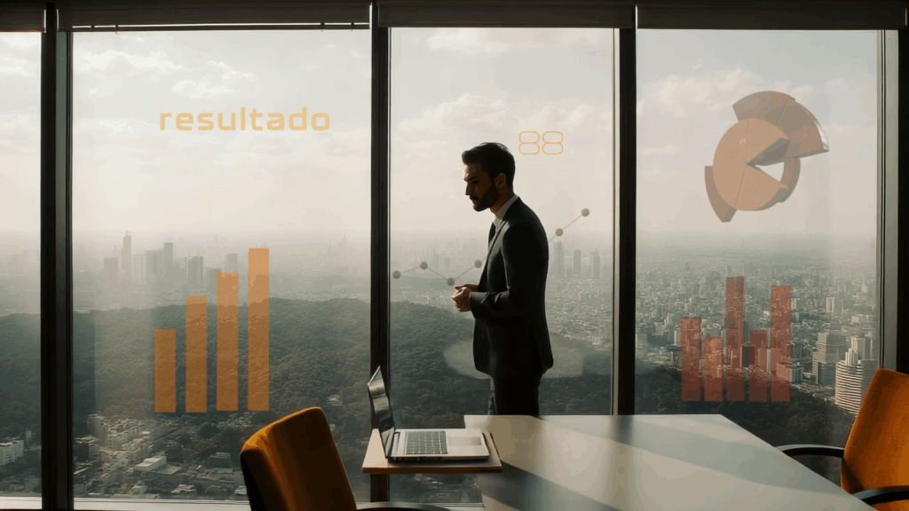 homem de negócios em prédio moderno com HUD
